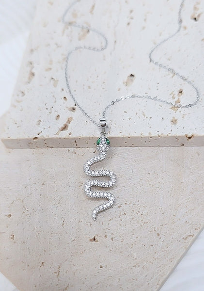 New Luxe CZ Pave Snake Emerald Eyes Necklace  *Choose your Metal*