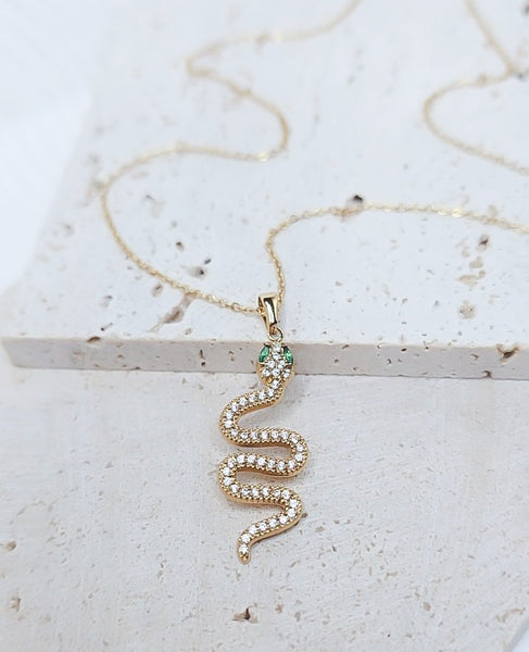 New Luxe CZ Pave Snake Emerald Eyes Necklace  *Choose your Metal*