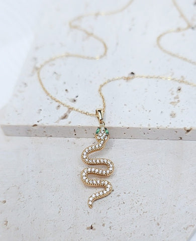 New Luxe CZ Pave Snake Emerald Eyes Necklace  *Choose your Metal*