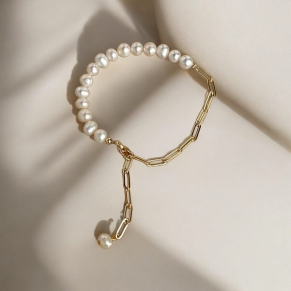 New Half Baroque Freshwater Pearls Half Dainty Paperclip Chain Bracelet *Gold Only*