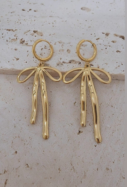 New Large Ribbon Bow Charm Huggie Hoop Earrings *Gold Only*