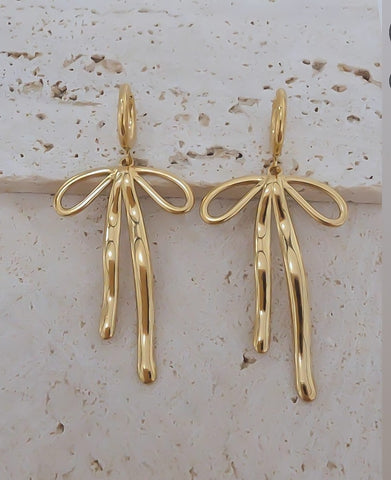 New Large Ribbon Bow Charm Huggie Hoop Earrings *Gold Only*