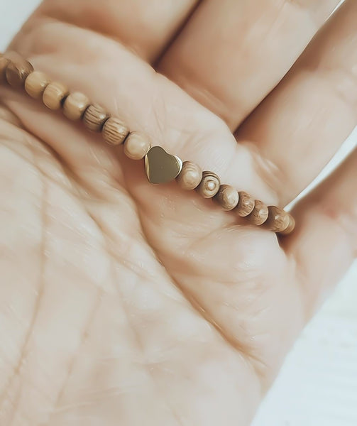 Dainty Rosewood Beads w/ Heart Focal Bracelet  * Choose your Metal*