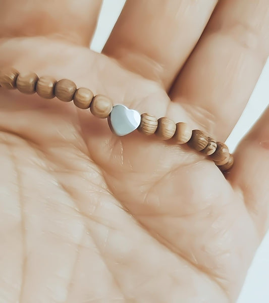 Dainty Rosewood Beads w/ Heart Focal Bracelet  * Choose your Metal*