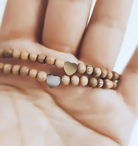 Dainty Rosewood Beads w/ Heart Focal Bracelet  * Choose your Metal*