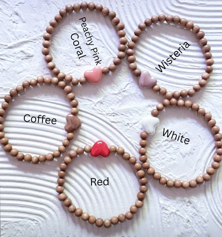 Rosewood Beads w/ Glazed Ceramic Heart Bead Bracelet *Choose Your Heart Colour(s)*