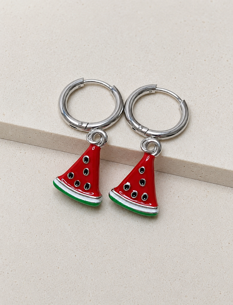New Adorable Huggie Hoop Enamel Watermelon Slice Charm Earrings
