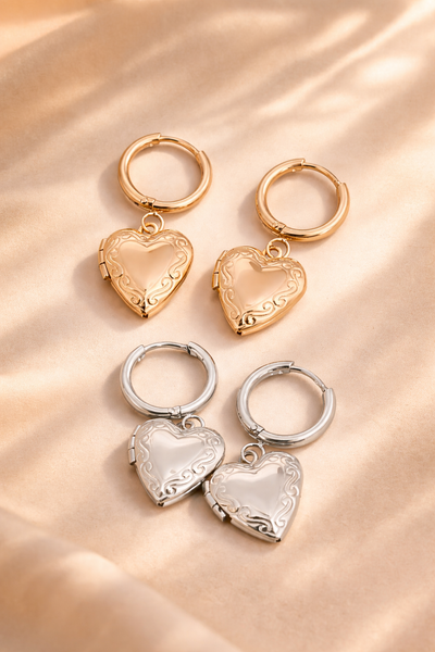Engraveable Filigree Heart Locket Huggie Hoop Earrings *Choose Your Metal*
