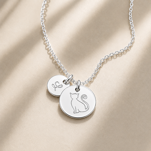 Engraved Personalized Cat & Initial Disc Necklace