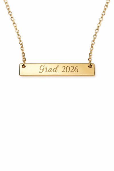 Engraved Grad 2026 Horizontal Bar Necklace // Graduation Gift // Academic Achievement *Choose your metal*