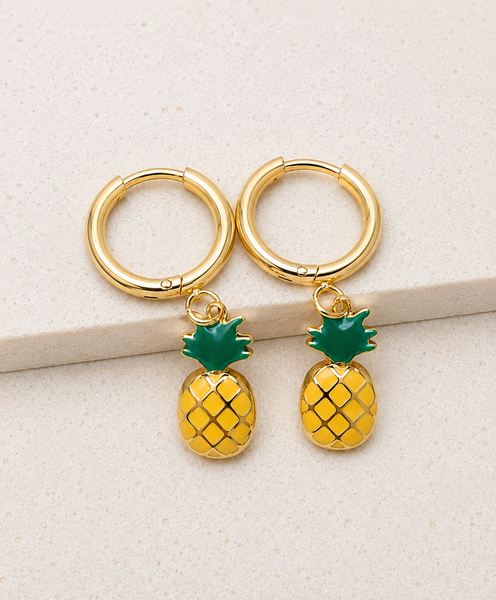 New Adorable Enamel Pineapple Charm Necklace Huggie Hoop Earrings *Choose Necklace, Hoop Earrings or the set.