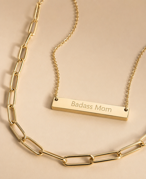 Engraved Badass Mom Horizontal Bar Necklace *Choose your metal*