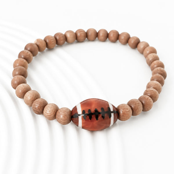 New Sports Bracelet: Rosewood Beads w/ Glazed Ceramic Football Bead Bracelet
