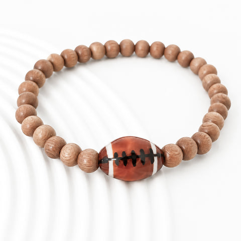 New Sports Bracelet: Rosewood Beads w/ Glazed Ceramic Football Bead Bracelet