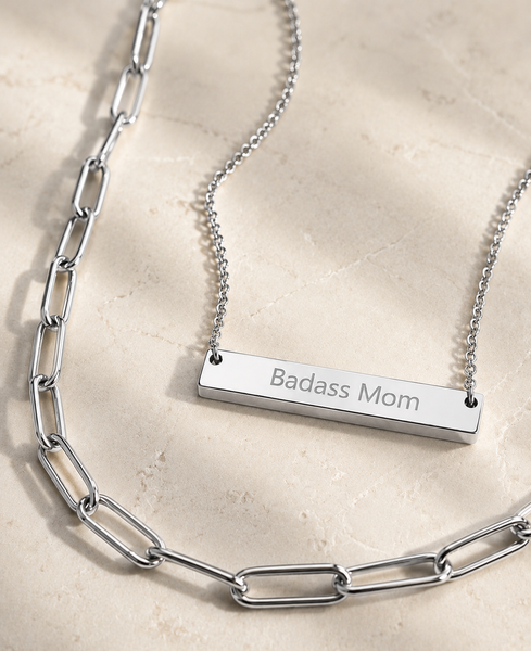 Engraved Badass Mom Horizontal Bar Necklace *Choose your metal*