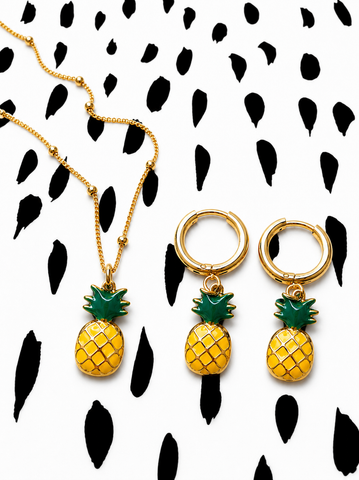 New Adorable Enamel Pineapple Charm Necklace Huggie Hoop Earrings *Choose Necklace, Hoop Earrings or the set.