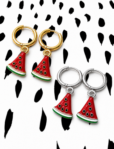 New Adorable Huggie Hoop Enamel Watermelon Slice Charm Earrings