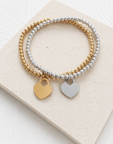 New Engraveable Flat Heart Tag Beaded Bracelets *Choose Your Metal*