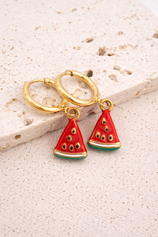 New Adorable Huggie Hoop Enamel Watermelon Slice Charm Earrings