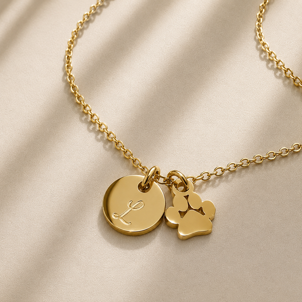 Dainty Paw Print Charm & Initial Disc Necklace *Choose Your Metal*