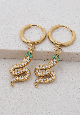 New Huggie Hoops Luxe CZ Snake Emerald Eyes * Choose your Metal*