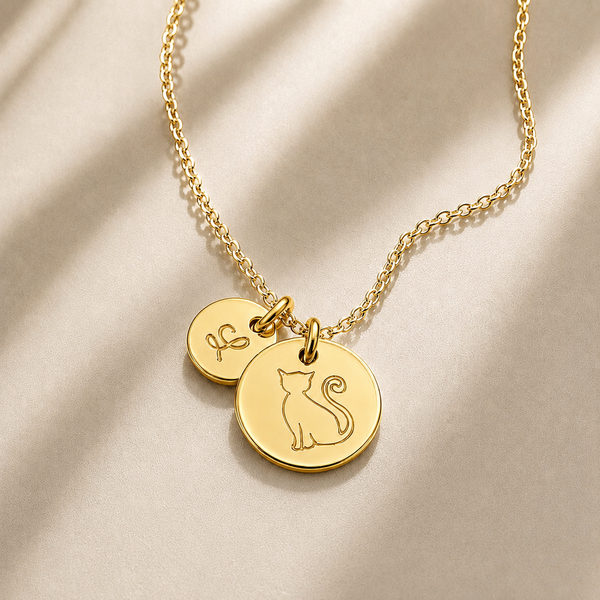 Engraved Personalized Cat & Initial Disc Necklace