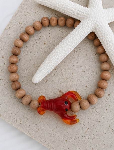 Maritime Must Have Rosewood Beads w/ Lobster Murano Lampwork Glass Bead Bracelet