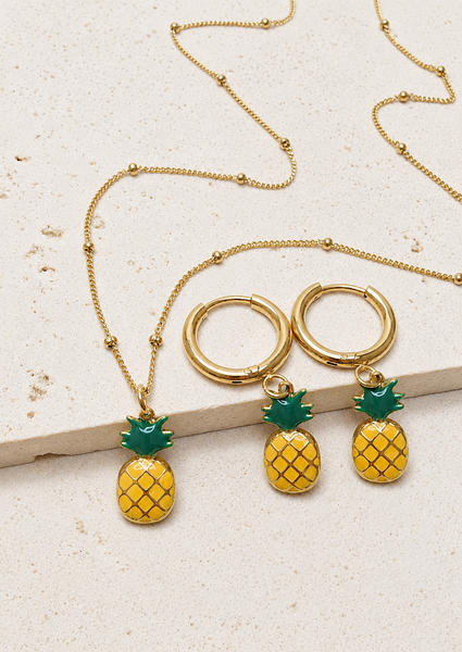 New Adorable Enamel Pineapple Charm Necklace Huggie Hoop Earrings *Choose Necklace, Hoop Earrings or the set.