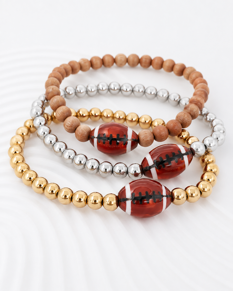 New Sports Bracelet: Rosewood Beads w/ Glazed Ceramic Football Bead Bracelet