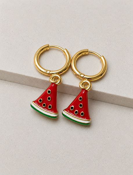 New Adorable Huggie Hoop Enamel Watermelon Slice Charm Earrings
