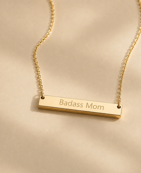 Engraved Badass Mom Horizontal Bar Necklace *Choose your metal*