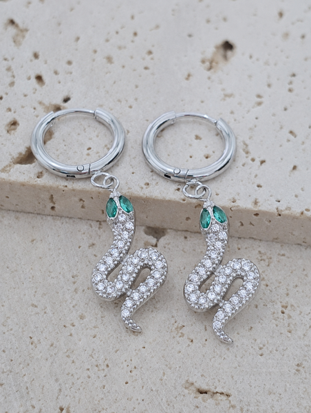 New Huggie Hoops Luxe CZ Snake Emerald Eyes * Choose your Metal*