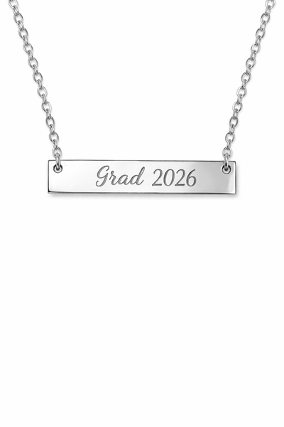 Engraved Grad 2026 Horizontal Bar Necklace // Graduation Gift // Academic Achievement *Choose your metal*