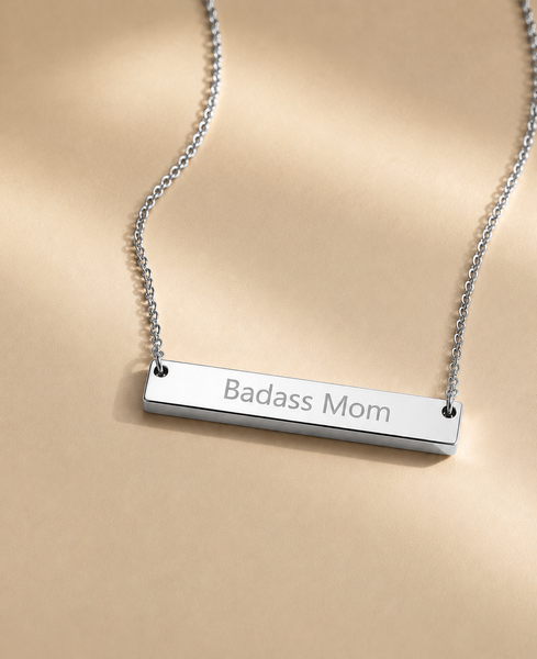 Engraved Badass Mom Horizontal Bar Necklace *Choose your metal*