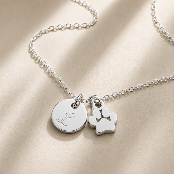 Dainty Paw Print Charm & Initial Disc Necklace *Choose Your Metal*