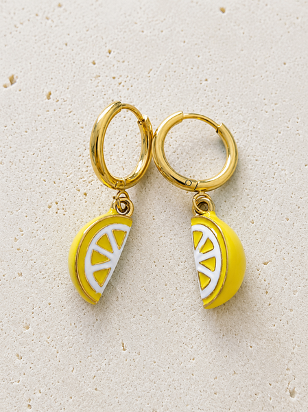 New Adorable Huggie Hoop Enamel Lemon Charm Earrings
