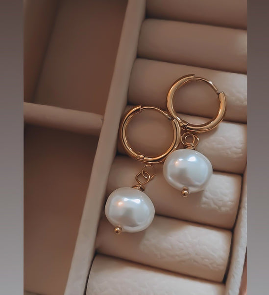 OBSESSED New Huggie Hoop w/ Large Luxe South Sea Shell Pearl Dangle Earrings  * Choose your Metal*