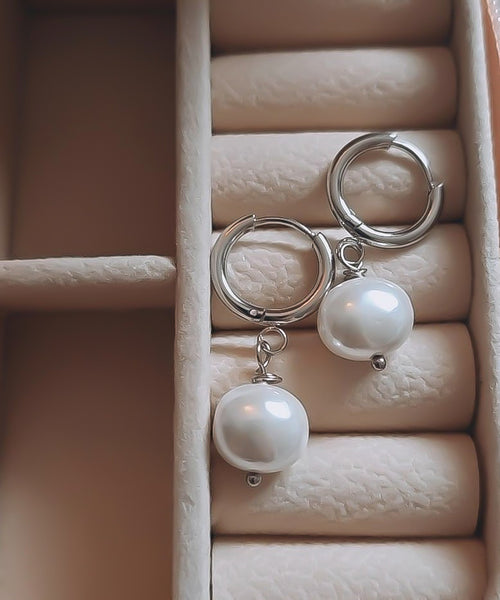 OBSESSED New Huggie Hoop w/ Large Luxe South Sea Shell Pearl Dangle Earrings  * Choose your Metal*
