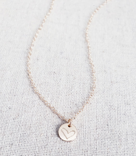 Engraved Tiny Heart Disc Necklace *choose your metal*