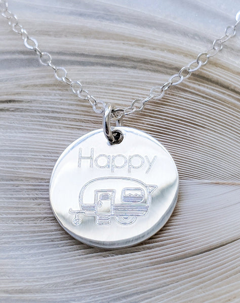 Engraved Happy Camper Disc Necklace // Adventure Awaits *CHOOSE YOUR METAL*