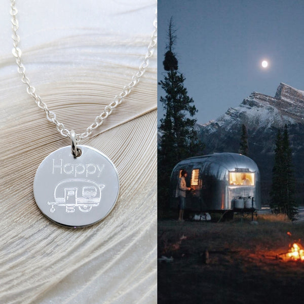 Engraved Happy Camper Disc Necklace // Adventure Awaits *CHOOSE YOUR METAL*