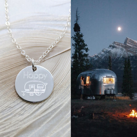Engraved Happy Camper Disc Necklace // Adventure Awaits *CHOOSE YOUR METAL*