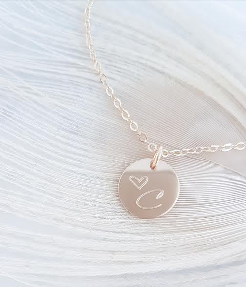 Engraved Personalized Disc w/ Small Heart and Initial Necklace // Choose Your Metal