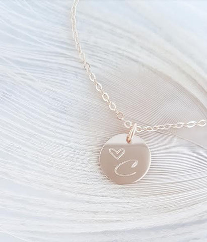 Engraved Personalized Disc w/ Small Heart and Initial Necklace // Choose Your Metal
