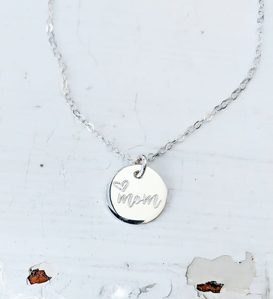 Engraved Mom w/ Heart Necklace *CHOOSE YOUR METAL*