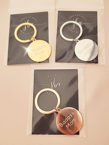 Engraved Badass Mom keychain *Choose your metal*