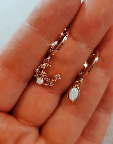 Gold Mismatch Opal CZ Moon & Opal Huggie Hoop Earrings * Must Have*