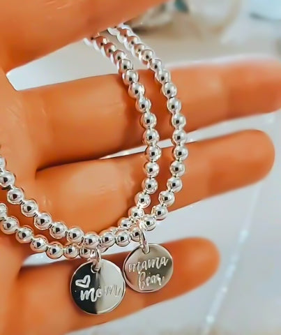 Mom w/ Heart Engraved Disc Bracelet * CHOOSE YOUR METAL*