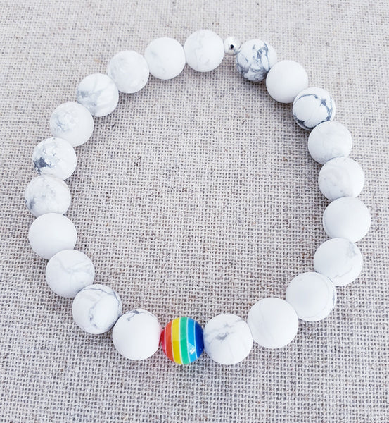 Matte White Howlite Rainbow Focal Bracelet // Pride LGBTQ+ Bracelet