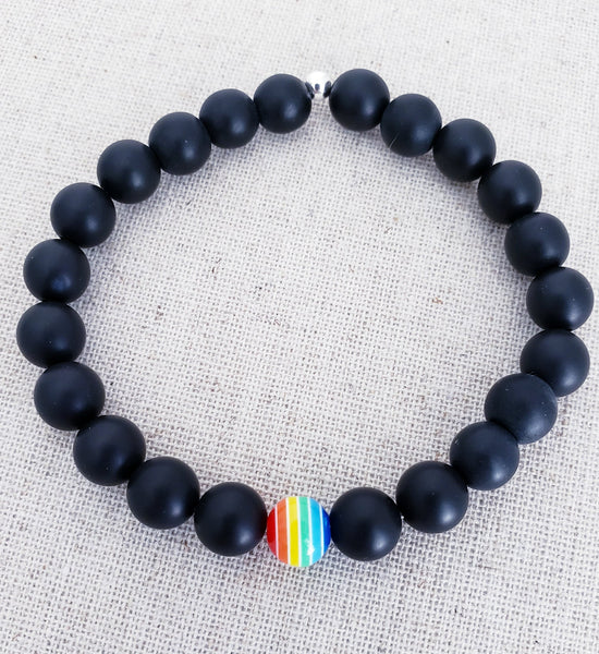 Matte Black Onyx Rainbow Focal Bracelet // Pride LGBTQ+ Bracelet